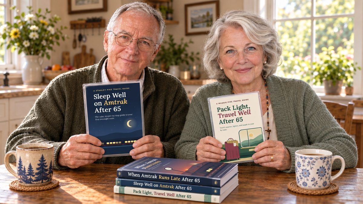 Stanley and Maggie Pike at their kitchen table holding their Amtrak guides